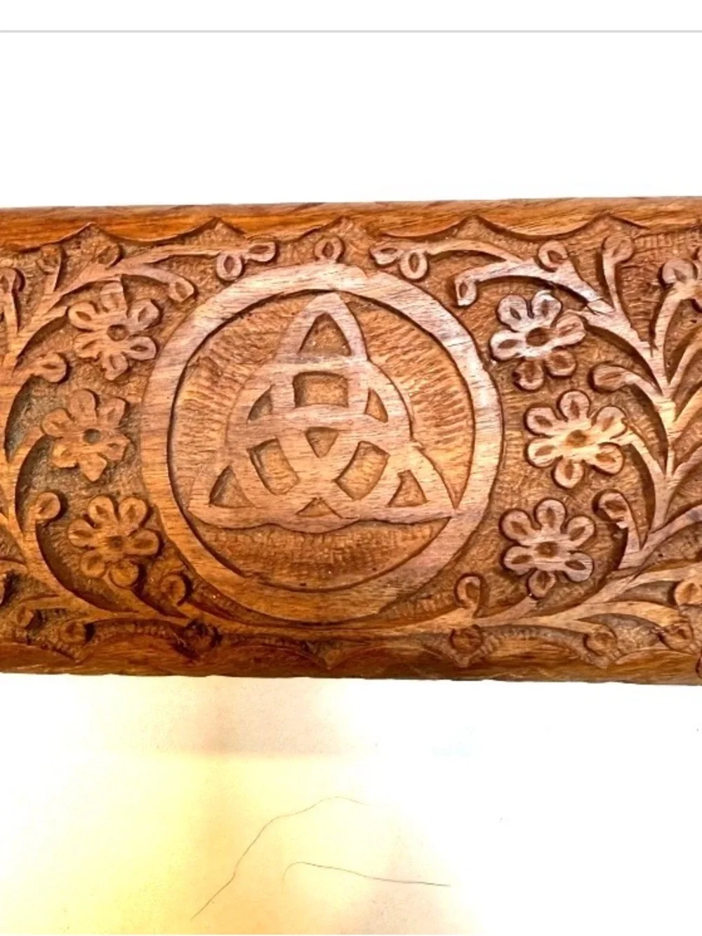 Hand-Carved Wooden Box with Celtic Knot and Floral Design - Brown